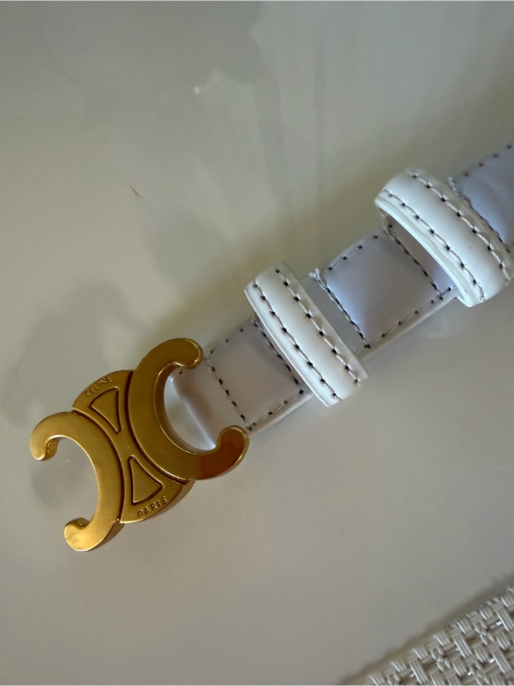 White Women's Belt with Gold Double-Crescent Buckle
